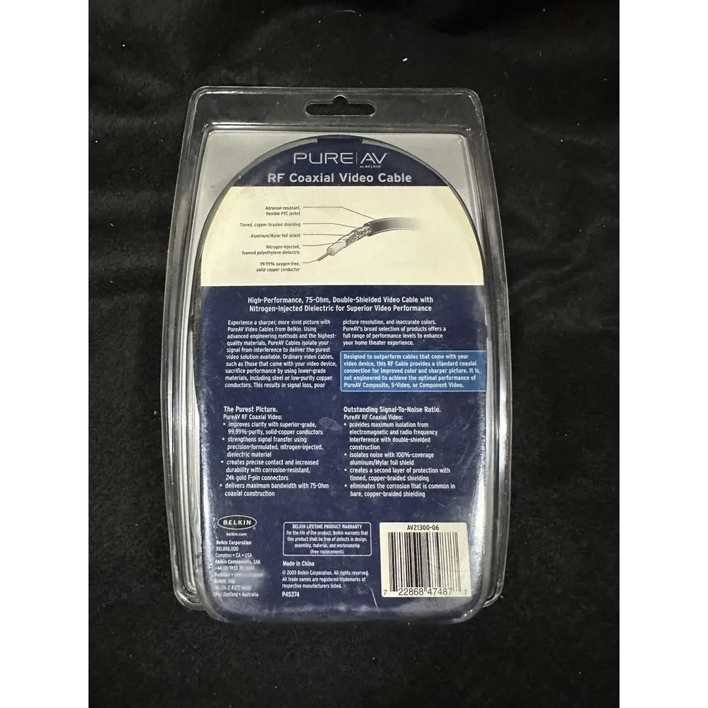 Belkin AV21300-06 6 feet‎ PureAV RF Coaxial Video Cable - 24k Gold F-Pin